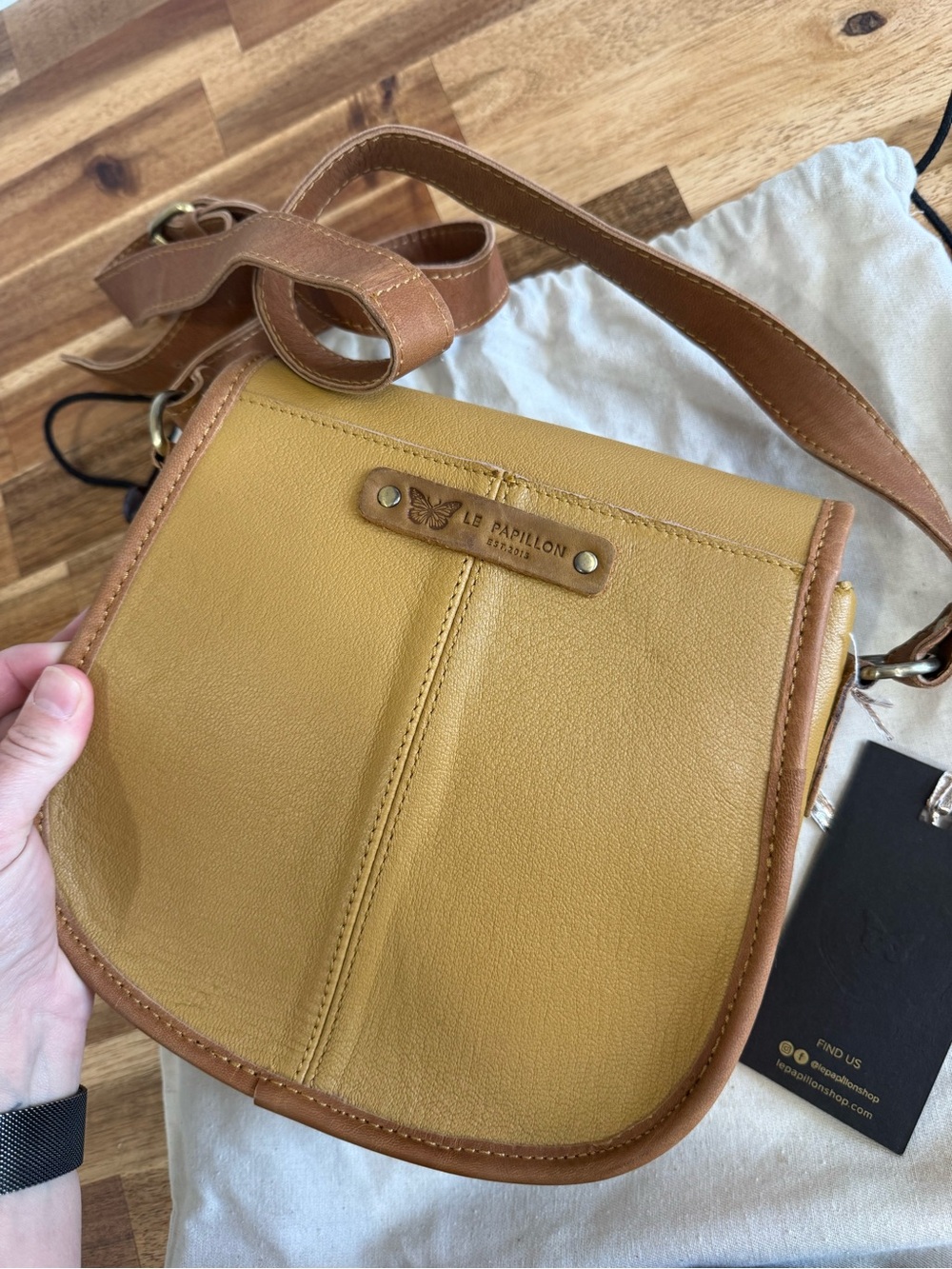 Le Papillon Blanc Mustard and Tan Leather Crossbody Bag